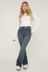 Washed Blue High Waist Kick Flare Frayed Hem Denim Jeans - Aspen