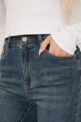 Washed Blue High Waist Kick Flare Frayed Hem Denim Jeans - Aspen