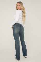 Washed Blue High Waist Kick Flare Frayed Hem Denim Jeans - Aspen