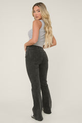 Washed Black High Waist Kick Flare Frayed Hem Denim Jeans - Aspen
