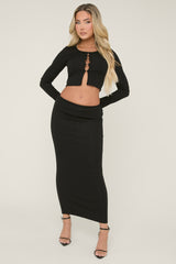 Black Button Front Rib Top and Maxi Skirt Co-ords - Kodi