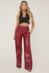 Wine Faux Leather Elastic Waist Wide Leg Trousers - Frankie