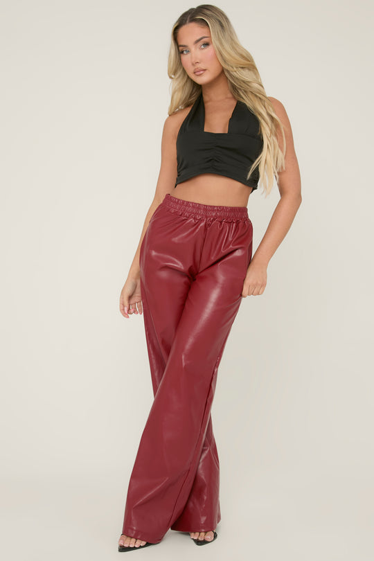 Wine Faux Leather Elastic Waist Wide Leg Trousers - Frankie