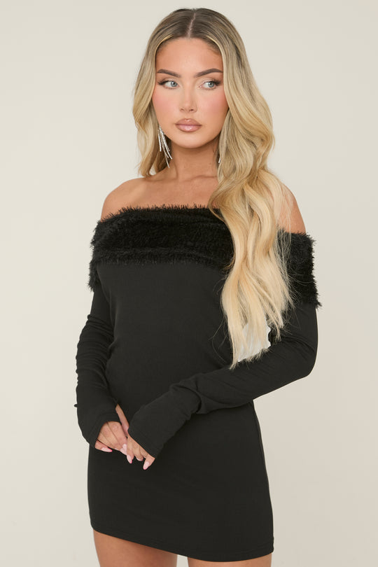 Black Textured Fold Down Mini Dress - Megan