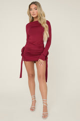 Wine Rose Detail Drape Mini Dress - Sara