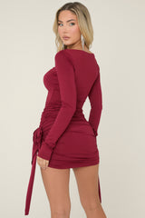 Wine Rose Detail Drape Mini Dress - Sara