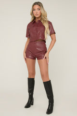 Burgundy Faux Leather Cropped Shirt and Short Co-ord - Esmae