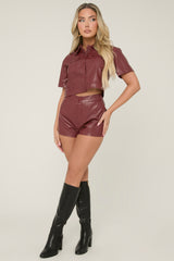 Burgundy Faux Leather Cropped Shirt and Short Co-ord - Esmae