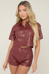 Burgundy Faux Leather Cropped Shirt and Short Co-ord - Esmae