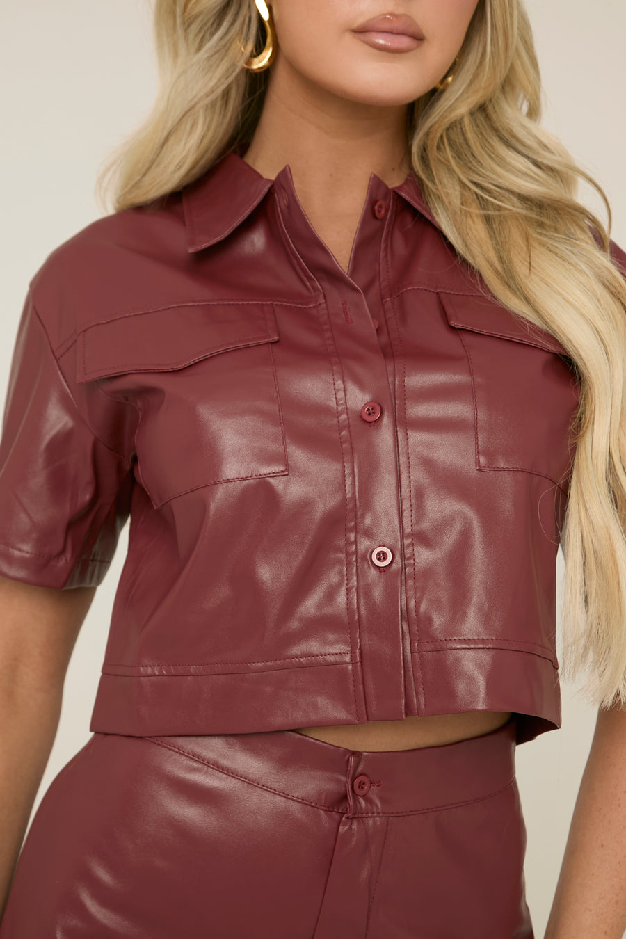 Burgundy Faux Leather Cropped Shirt and Short Co-ord - Esmae