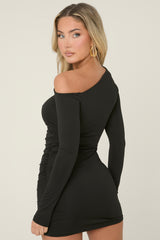 Black Off Shoulder Long Sleeve Mini Dress - Luna