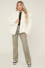 Cream Faux Fur Waterfall Long Sleeves Cropped Coat - Scottie