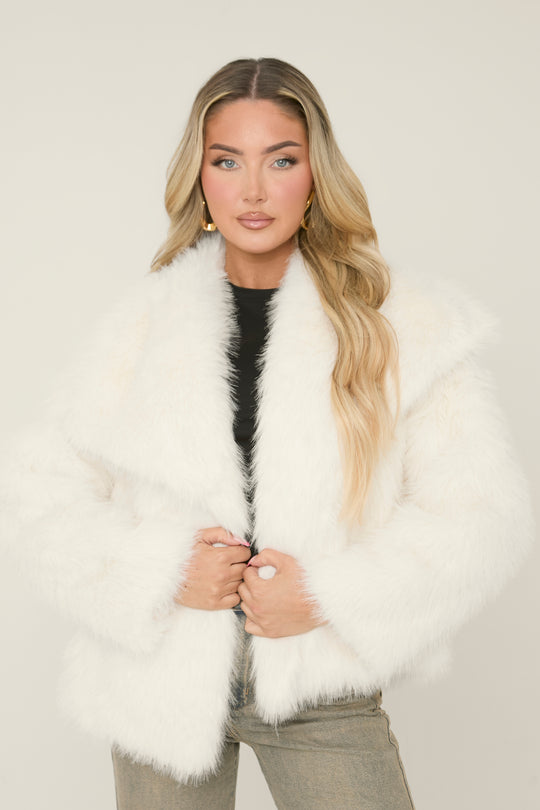 Cream Faux Fur Waterfall Long Sleeves Cropped Coat - Scottie