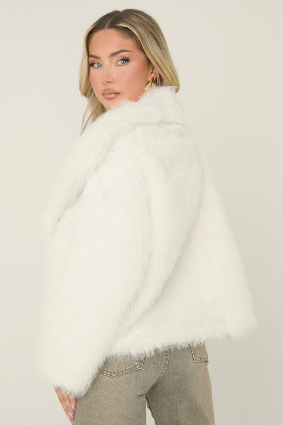 Cream Faux Fur Waterfall Long Sleeves Cropped Coat - Scottie