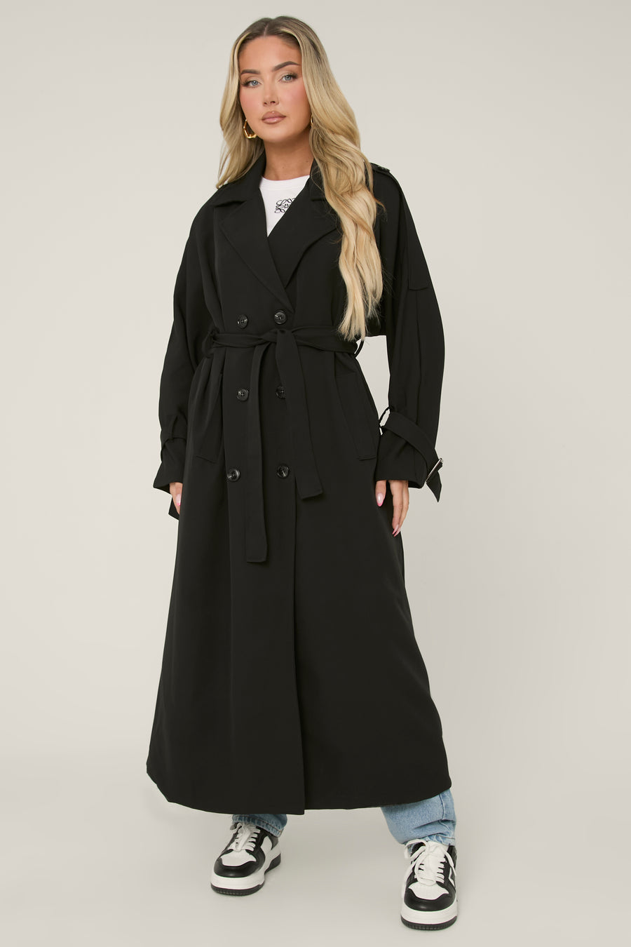Black Double Breasted Tie Sleeve Longline Oversized Trench Coat - Annmarie