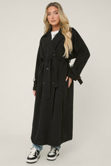 Black Double Breasted Tie Sleeve Longline Oversized Trench Coat - Annmarie