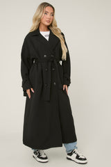 Black Double Breasted Tie Sleeve Longline Oversized Trench Coat - Annmarie