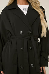 Black Double Breasted Tie Sleeve Longline Oversized Trench Coat - Annmarie