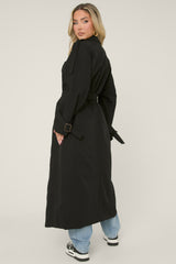 Black Double Breasted Tie Sleeve Longline Oversized Trench Coat - Annmarie