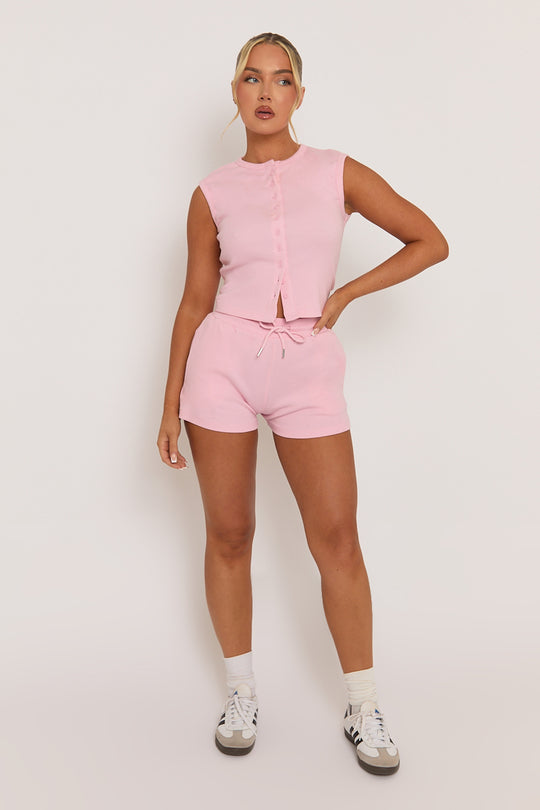 Pink Sleeveless Button Front Rib Top and Short Loungewear Co-ord Set - Zita