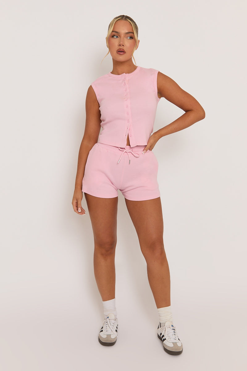 Pink Sleeveless Button Front Rib Top and Short Loungewear Co-ord Set - Zita