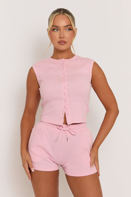 Pink Sleeveless Button Front Rib Top and Short Loungewear Co-ord Set - Zita