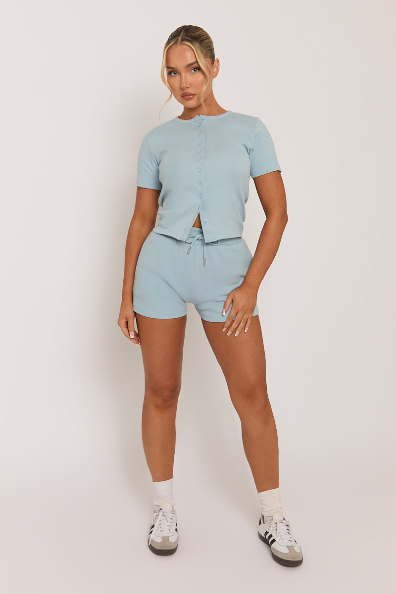 Light Blue Rib Button Front Top and Short Loungewear Co-ord Set - Dua