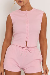 Pink Sleeveless Button Front Rib Top and Short Loungewear Co-ord Set - Zita