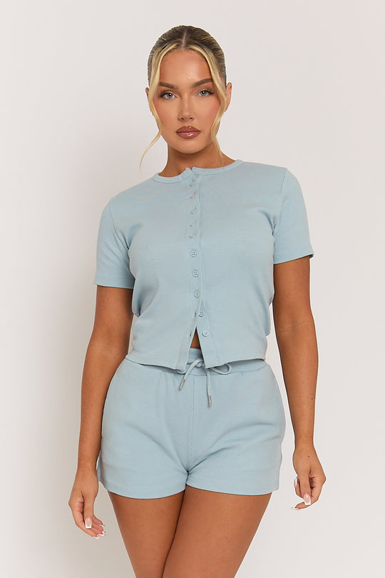 Light Blue Rib Button Front Top and Short Loungewear Co-ord Set - Dua