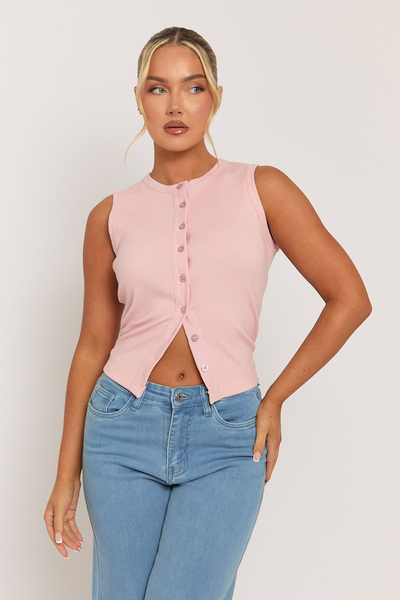 Pink Rib Top Pink Sleeve Button Up Rib Top | Tops | Rebellious Fashion