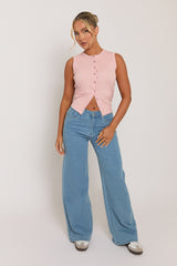 Pink Sleeve Button Up Rib Top - Nikolina