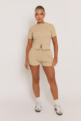 Beige Rib Button Front Top and Short Loungewear Co-ord Set - Dua
