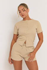 Beige Rib Button Front Top and Short Loungewear Co-ord Set - Dua