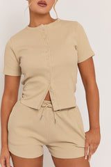 Beige Rib Button Front Top and Short Loungewear Co-ord Set - Dua