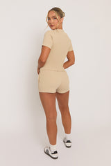 Beige Rib Button Front Top and Short Loungewear Co-ord Set - Dua