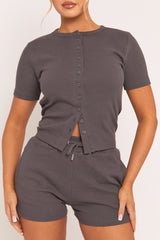 Charcoal Rib Button Front Top and Short Loungewear Co-ord Set - Dua