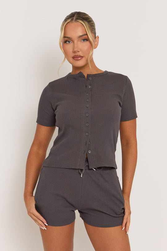 Charcoal Rib Button Front Top and Short Loungewear Co-ord Set - Dua