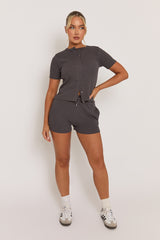 Charcoal Rib Button Front Top and Short Loungewear Co-ord Set - Dua