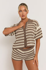 Mocha Crochet Cropped Shirt and Short Co-ord Set - Suzie