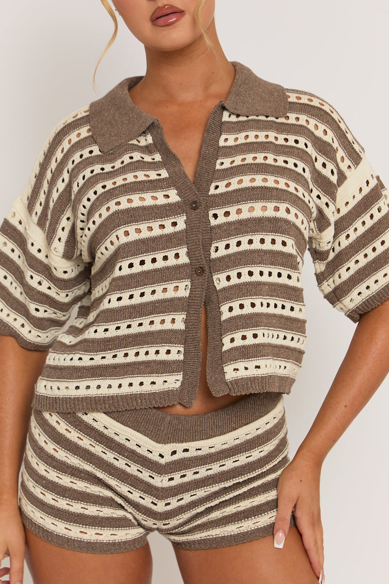 Mocha Crochet Cropped Shirt and Short Co-ord Set - Suzie