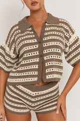 Mocha Crochet Cropped Shirt and Short Co-ord Set - Suzie