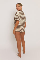 Mocha Crochet Cropped Shirt and Short Co-ord Set - Suzie