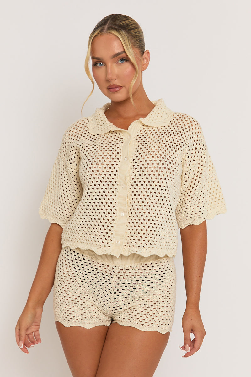 Cream Crochet Scallop Edge Shirt and Short Co-ord Set - Celeste