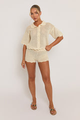 Cream Crochet Scallop Edge Shirt and Short Co-ord Set - Celeste