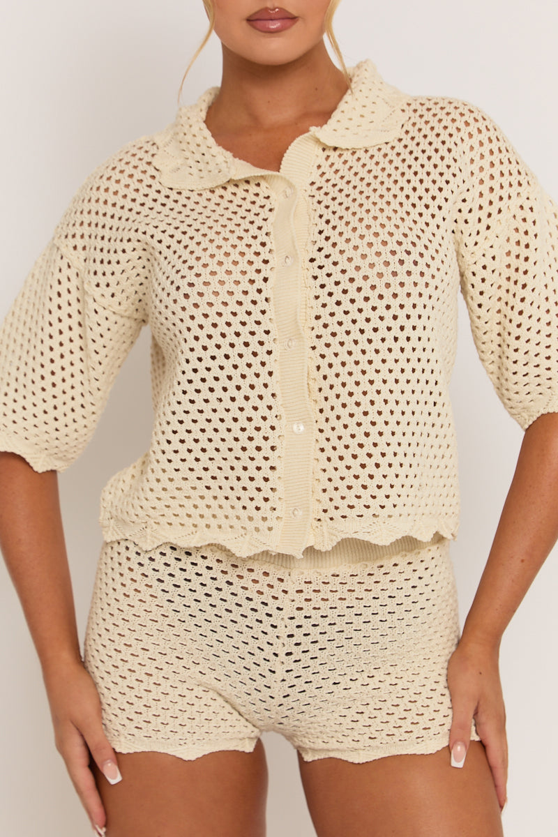 Cream Crochet Scallop Edge Shirt and Short Co-ord Set - Celeste