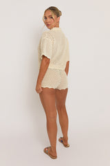 Cream Crochet Scallop Edge Shirt and Short Co-ord Set - Celeste