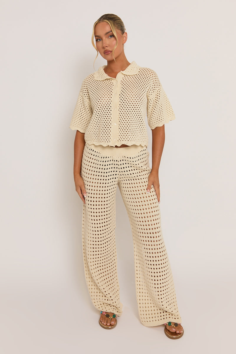 Cream Crochet Wide Leg Trouser - Sabina