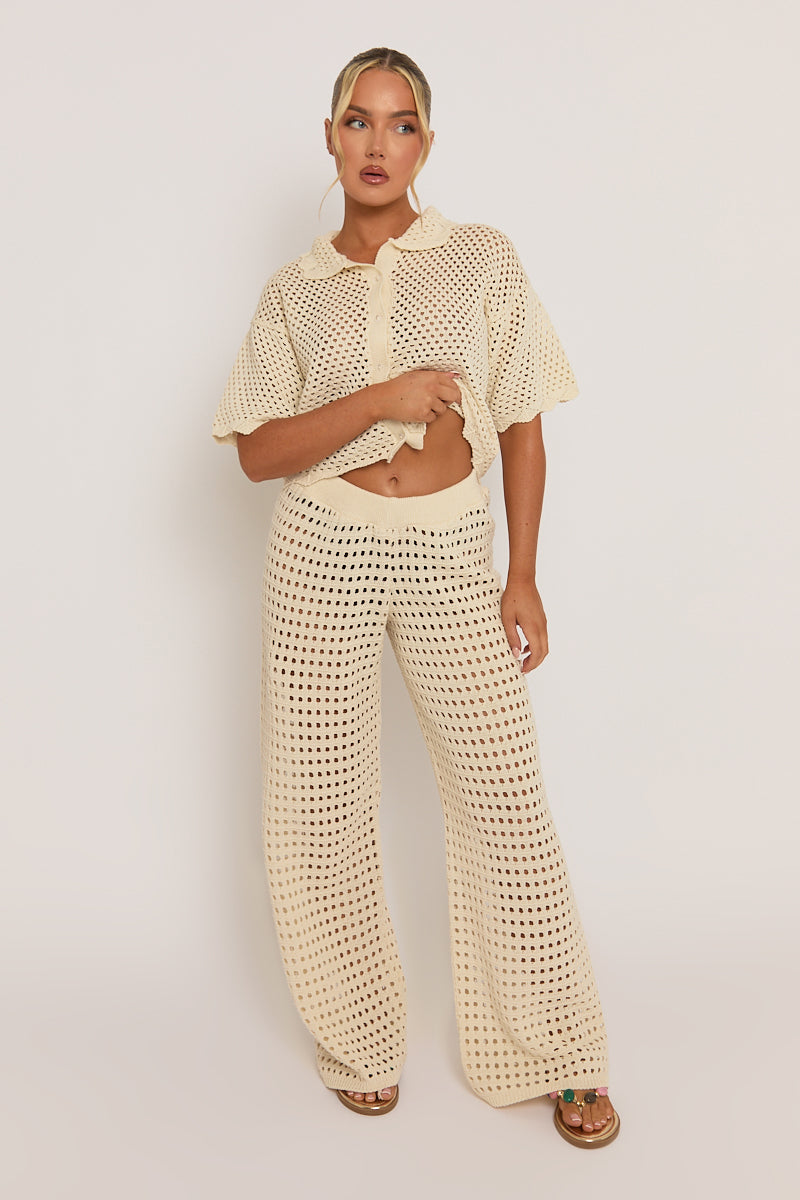 Cream Crochet Wide Leg Trouser - Sabina