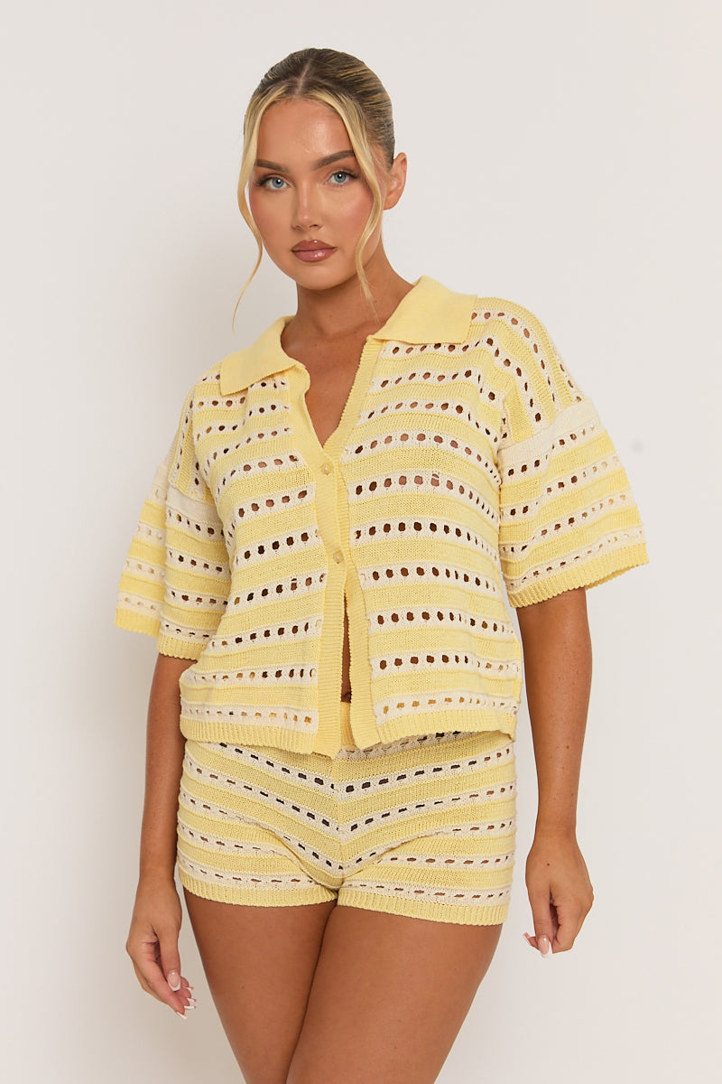 Butter Yellow Crochet Cropped Shirt and Short Co-ord Set - Clover