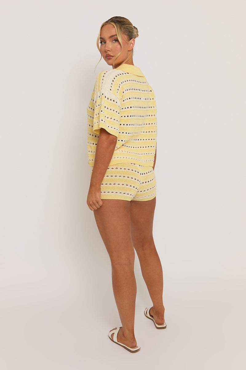 Butter Yellow Crochet Cropped Shirt and Short Co-ord Set - Clover
